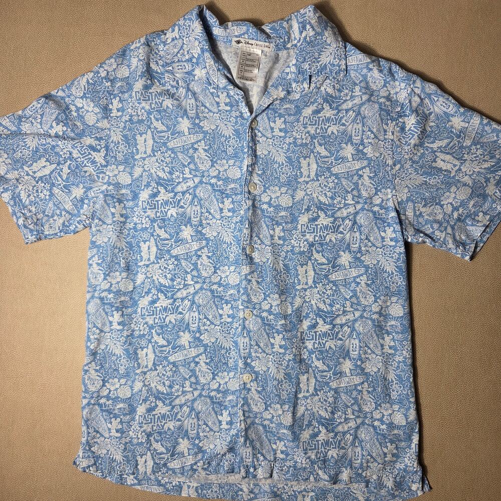 Disney Cruise Line Castaway Cay Short Sleeve Blue Rayon Hawaiian Shirt Men S